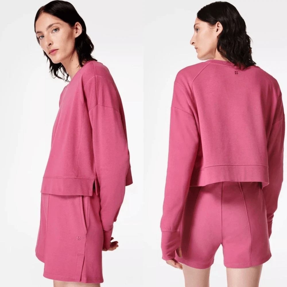 Sweaty Betty After Class Sweatshirt Womens L Pink Cropped Thumbhole Pullover